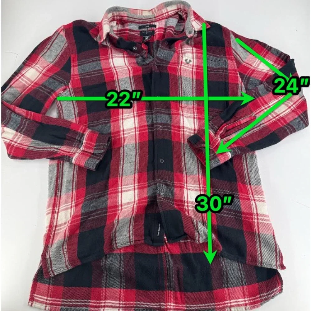 True‎ Religion Shirt Red Black Plaid Long Sleeve MENS Loose Fit Cotton Twill MED